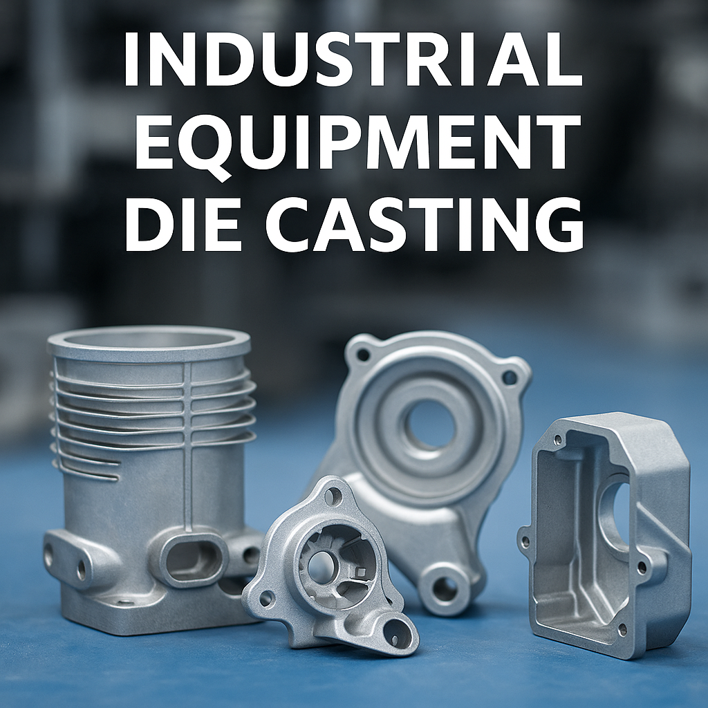 Industrial equipment die casting parts including aluminum housings and structural components arranged for quality inspection.