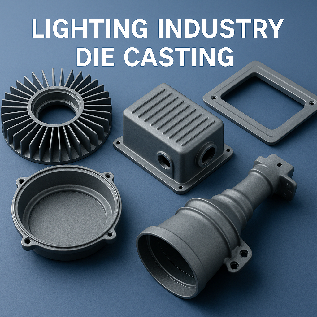 Lighting industry die casting components including heatsinks and enclosures displayed on a clean background.