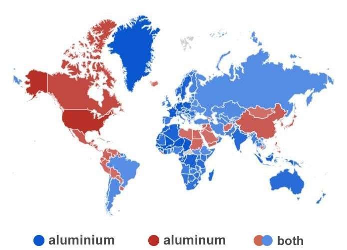 World map illustrating global preferences for the spellings aluminium vs aluminum, with countries colored blue for “aluminium,” red for “aluminum,” and light blue for both.