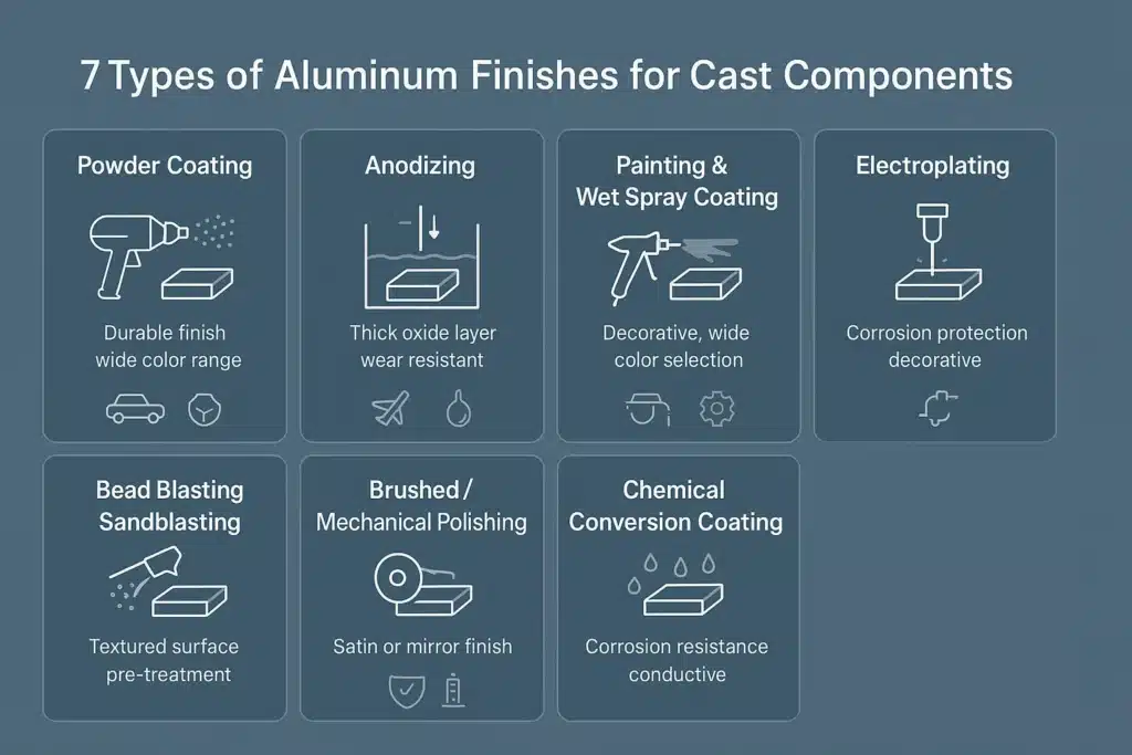 Horizontal infographic showcasing 7 aluminum finishes for cast components with minimal icons and descriptions on a blue-gray background.