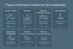 Horizontal infographic showcasing 7 aluminum finishes for cast components with minimal icons and descriptions on a blue-gray background.