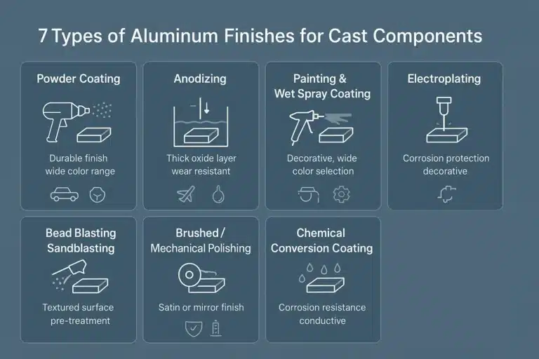 Horizontal infographic showcasing 7 aluminum finishes for cast components with minimal icons and descriptions on a blue-gray background.