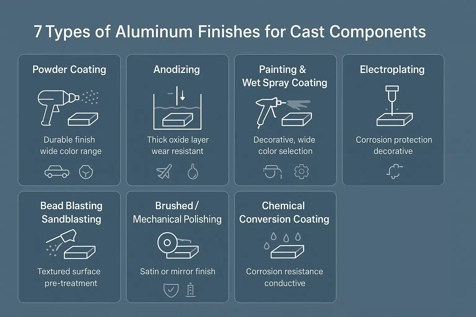 Horizontal infographic showcasing 7 aluminum finishes for cast components with minimal icons and descriptions on a blue-gray background.