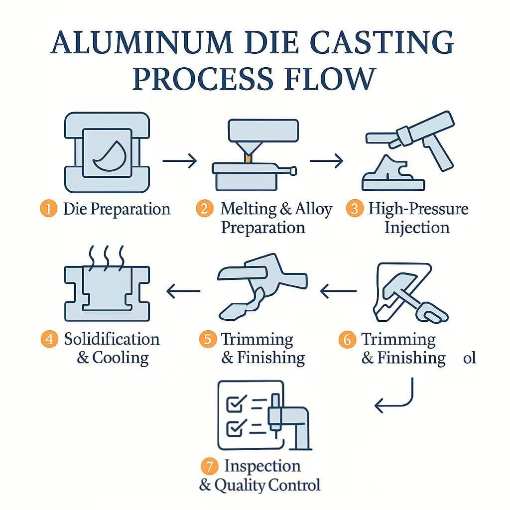 Square infographic titled “Aluminum Die Casting Process Flow,” displaying seven numbered steps with line-art icons and arrows:Die Preparation (cleaned, lubricated mold),Melting & Alloy Preparation (furnace and ladle),High-Pressure Injection (spray gun icon),Solidification & Cooling (die with heat waves),Trimming & Finishing (cutting shears),Trimming & Finishing duplicate? [Note: should be step 6],Inspection & Quality Control (checklist and CMM probe),Icons in blue-gray with orange step indicators, arranged in a circular flow.