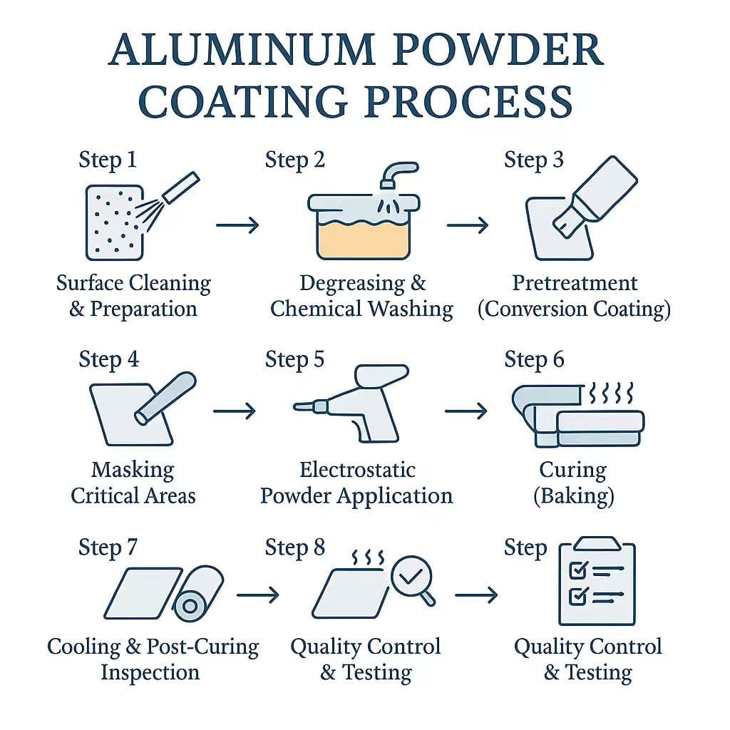 Square infographic for the Aluminum Powder Coating Process, showing eight labeled steps—Surface Cleaning & Preparation, Degreasing & Chemical Washing, Pretreatment (Conversion Coating), Masking Critical Areas, Electrostatic Powder Application, Curing (Baking), Cooling & Post-Curing Inspection, and Quality Control & Testing—each with a simple line-art icon and arrows guiding flow, in blue-gray tones with soft orange accents, set in a serif font.