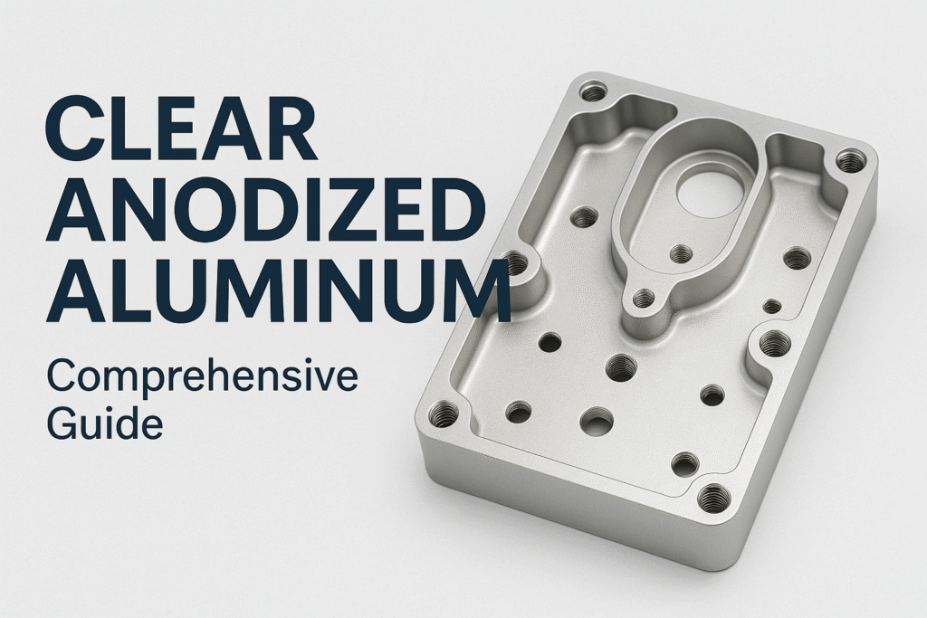 A close-up of a clear anodized aluminum die-cast component beside bold text reading “CLEAR ANODIZED ALUMINUM – Comprehensive Guide.”