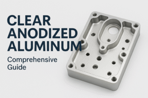 A close-up of a clear anodized aluminum die-cast component beside bold text reading “CLEAR ANODIZED ALUMINUM – Comprehensive Guide.”
