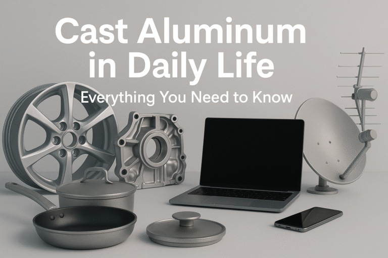 A neutral light-gray background with cast aluminum items—cookware, automotive wheel and engine part, a laptop, smartphone, and satellite dish—overlaid with large white text: "Cast Aluminum in Daily Life" and a subtitle "Everything You Need to Know."