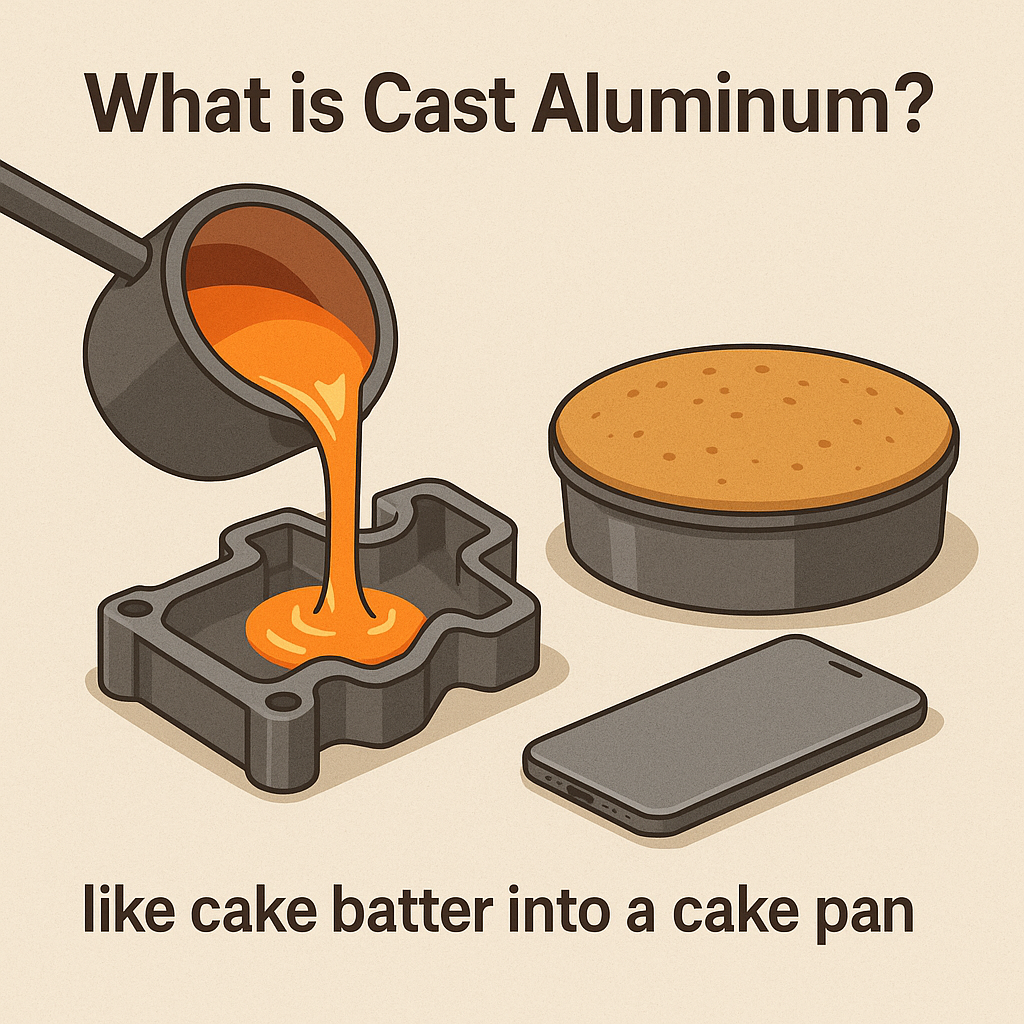 Cast Aluminum Explained with Cake Analogy Illustration showing molten aluminum being poured from a crucible into a metal mold on the left, next to a fully baked cake in a pan on the right, with text “What is Cast Aluminum? like cake batter into a cake pan.”