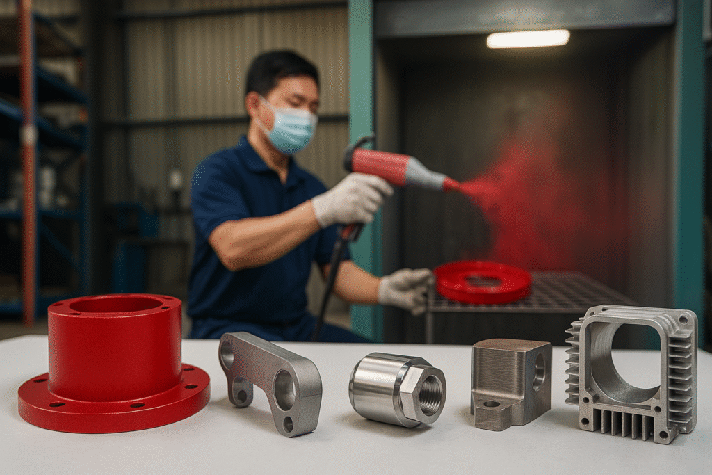 A collection of die cast parts showcasing various surface treatments, including anodized, powder-coated, polished, and brushed finishes.