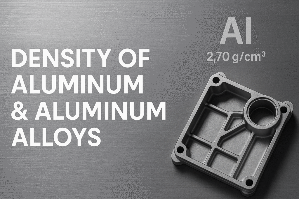 Brushed metallic background with the title “Density of Aluminum & Aluminum Alloys,” the chemical symbol “Al 2.70 g/cm³,” and a detailed aluminum die-cast component.