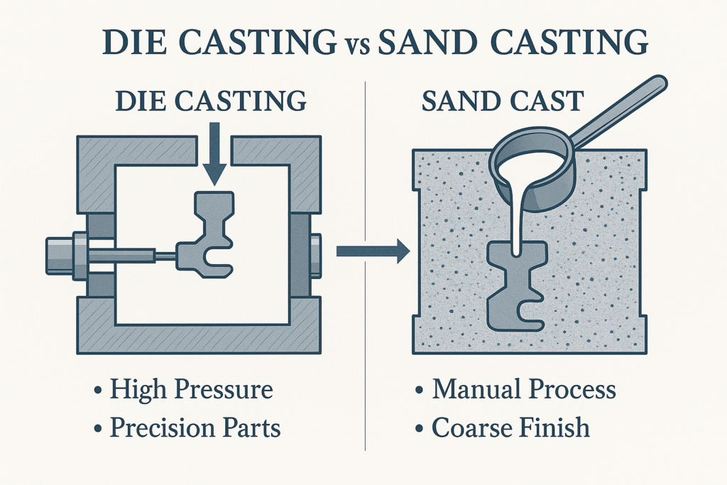 Side-by-side infographic die casting vs sand casting, showing high-pressure metal mold vs manual sand mold with labeled parts.