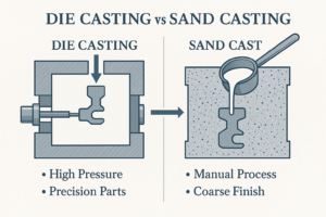 Side-by-side infographic die casting vs sand casting, showing high-pressure metal mold vs manual sand mold with labeled parts.