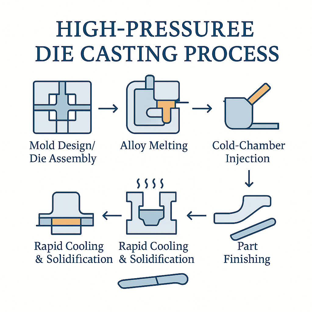 High-Pressure Die Casting Process Square infographic in serif font showing six icons and arrows for HPDC: Mold Design/Die Assembly, Alloy Melting, Cold-Chamber Injection (highlighted in orange), Rapid Cooling & Solidification, Part Ejection, and Part Finishing, all on a light background with blue-gray and orange accents.
