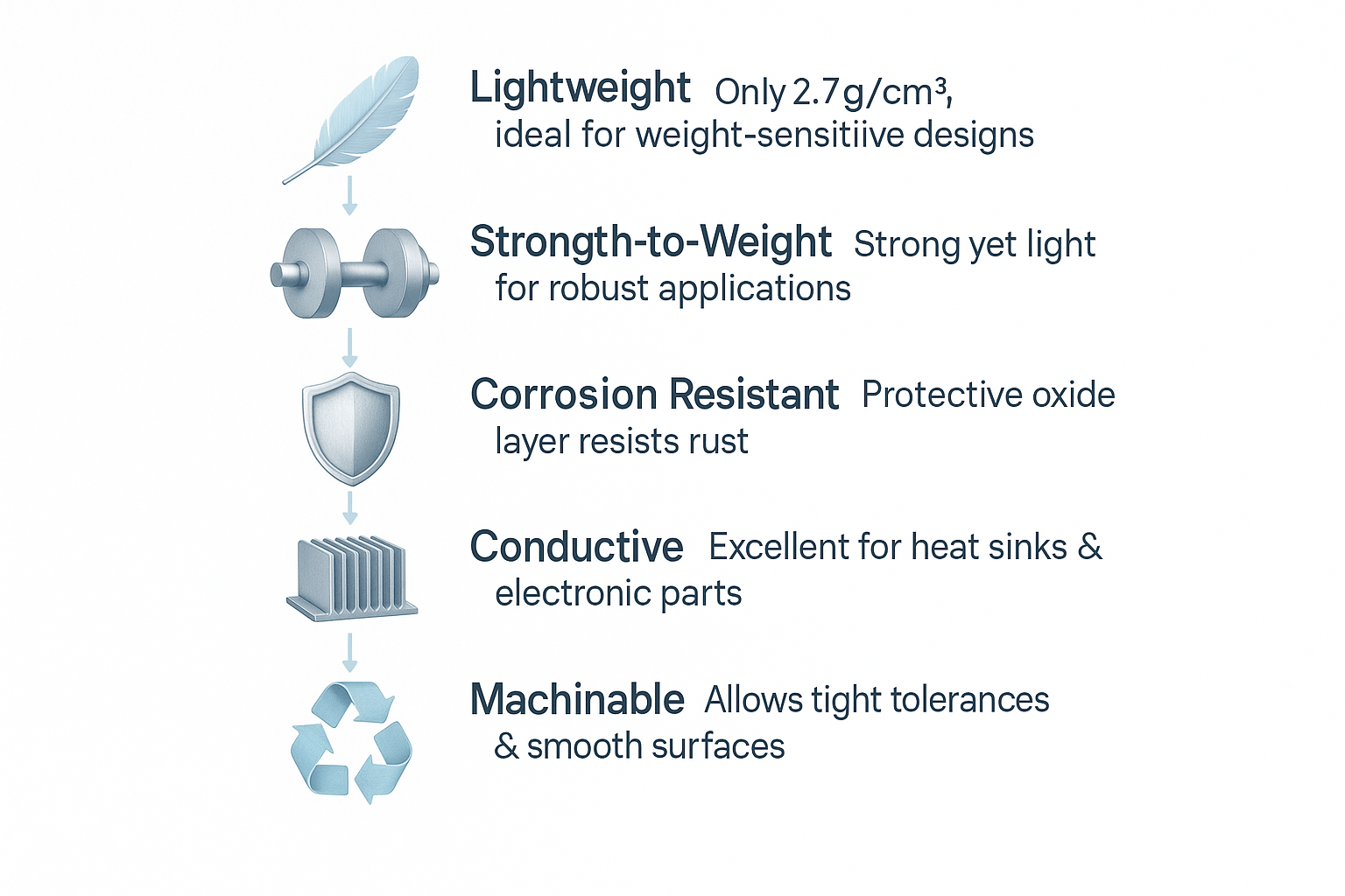 Realistic Minimalist Flowchart Infographic – Key Benefits of Aluminum for Casting Realistic minimalist flowchart infographic on a white background with light blue accents, showing aluminum’s casting benefits—lightweight: only 2.7 g/cm³, strength-to-weight ratio, corrosion resistance, conductivity, machinability, recyclability.