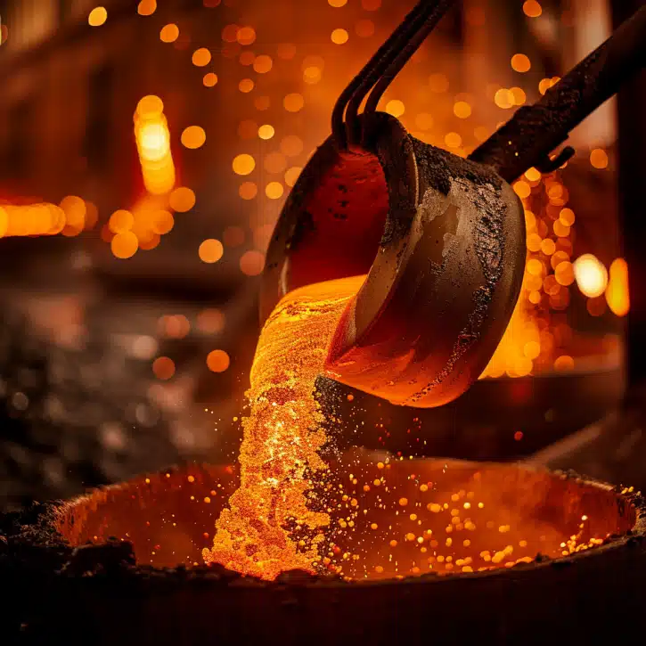 Molten Aluminum Pouring – Melting Point of Aluminum A glowing ladle pours molten aluminum into a crucible, vividly illustrating the molten state of aluminum above its Aluminum Melting Point.