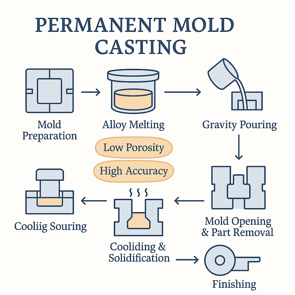 Permanent Mold (Gravity Die) Casting Process A serif-font infographic with six line-art icons arranged in a circular flow: Mold Preparation, Alloy Melting, Gravity Pouring, Cooling & Solidification, Mold Opening & Part Removal, and Finishing. Two highlighted callouts read “Low Porosity” and “High Accuracy” in soft orange.