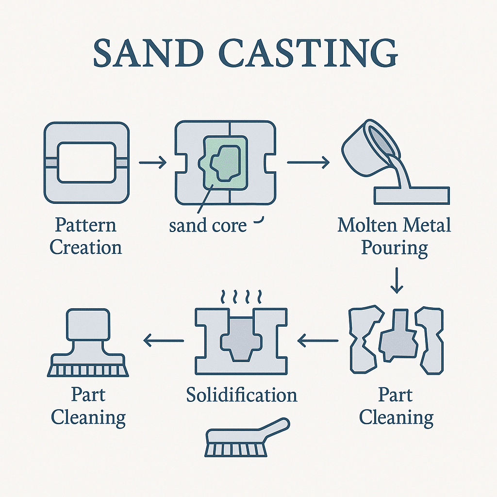 Sand Casting Process Flowchart A clean, serif‑font infographic showing five line‑art icons connected by arrows: Pattern Creation, sand core insertion, Molten Metal Pouring, Solidification, and Part Cleaning. Main elements are in blue and gray; the sand core is highlighted in green.