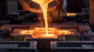 Molten aluminum being poured into a metal mold in an industrial foundry, illustrating the aluminum for casting process