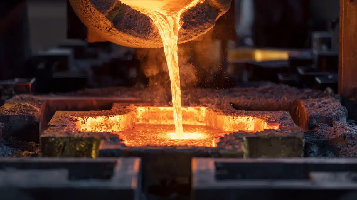Molten aluminum being poured into a metal mold in an industrial foundry, illustrating the aluminum for casting process