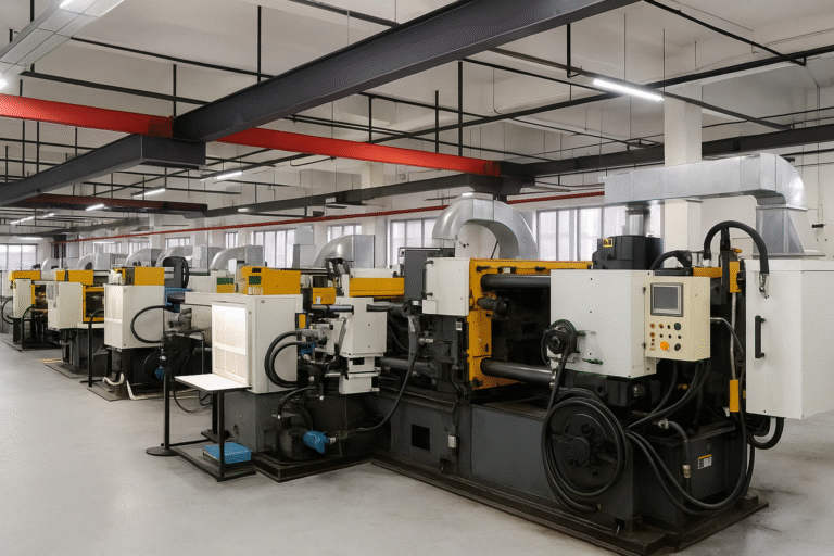 A row of yellow-and-white die casting machines lined up in a bright, spacious factory workshop.