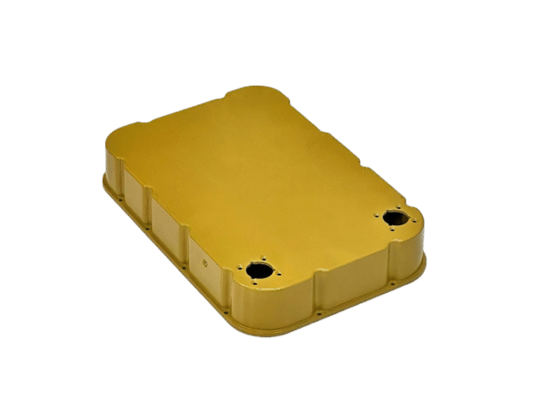 A gold-colored aluminum die-cast communication device housing with a smooth powder-coated finish, resting on a white background.