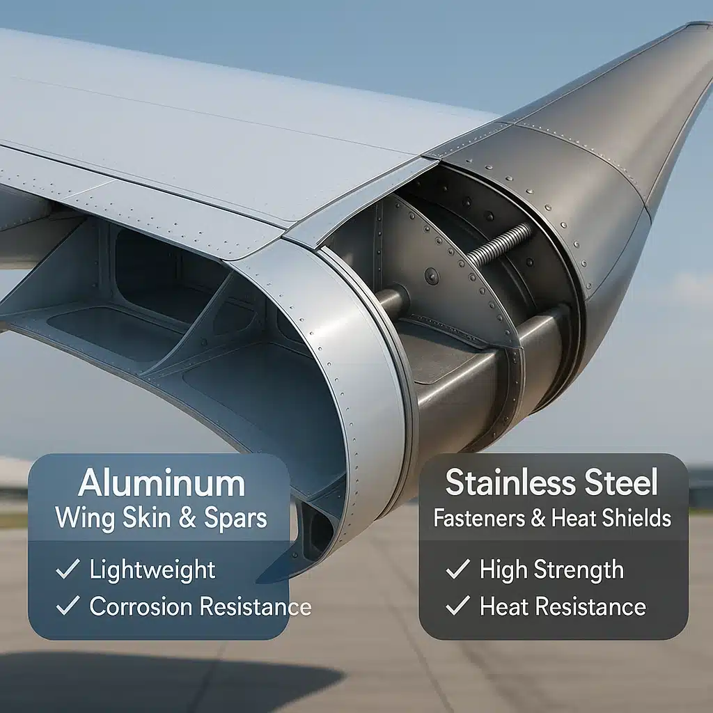 Aircraft Wing Materials — Aluminum vs Stainless Steel Aircraft wing close-up showing a cutaway: aluminum skin and spars on the left (lightweight, corrosion-resistant) and stainless steel fasteners/heat-shield sections on the right (high strength, heat resistance).