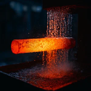 Realistic photo of Heat Treatment (aluminum heat treat) quenching: a red-hot aluminum bar passes through a water curtain, droplets and steam glowing against a dark factory background.