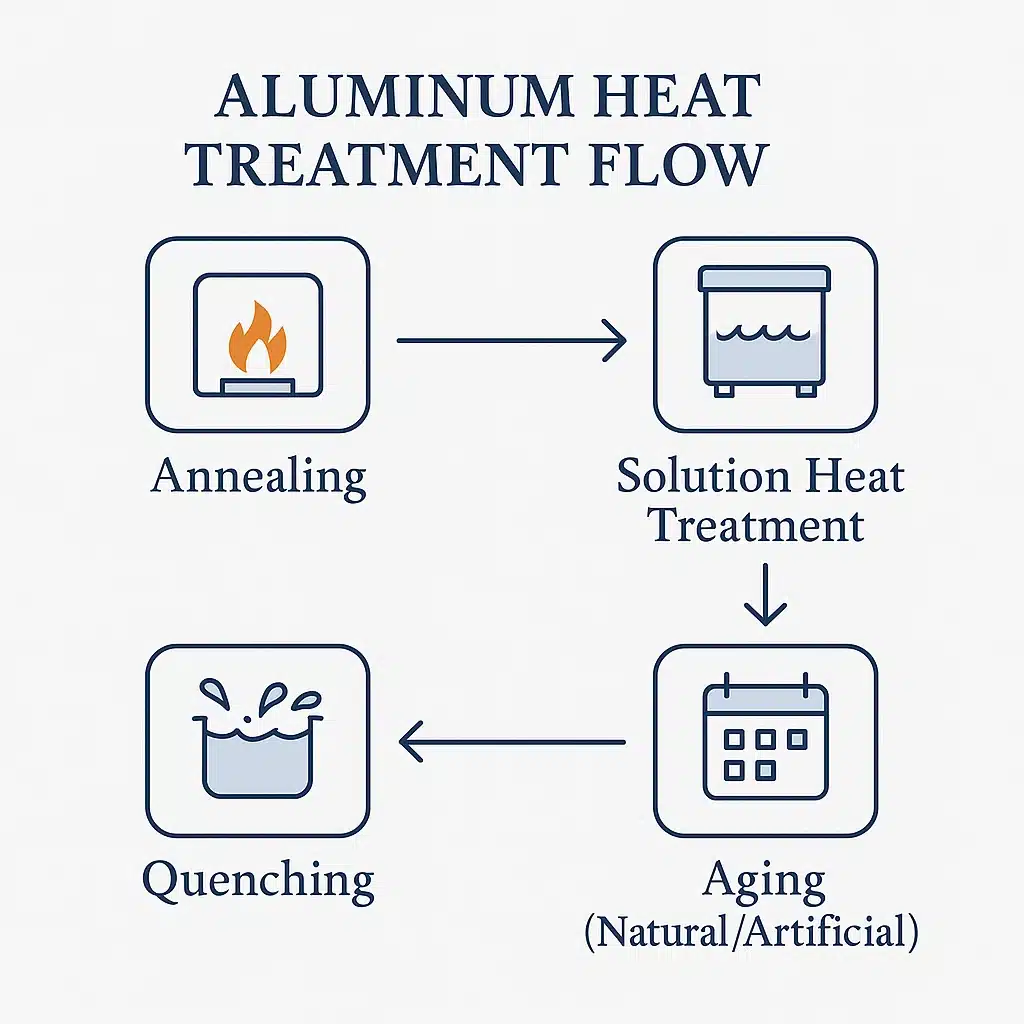 Square academic flowchart titled “Aluminum Heat Treatment Flow,” showing four steps with icons and arrows: Annealing → Solution Heat Treatment → Quenching → Aging (Natural/Artificial). Blue-gray line art with soft orange heat accents; serif labels in English.