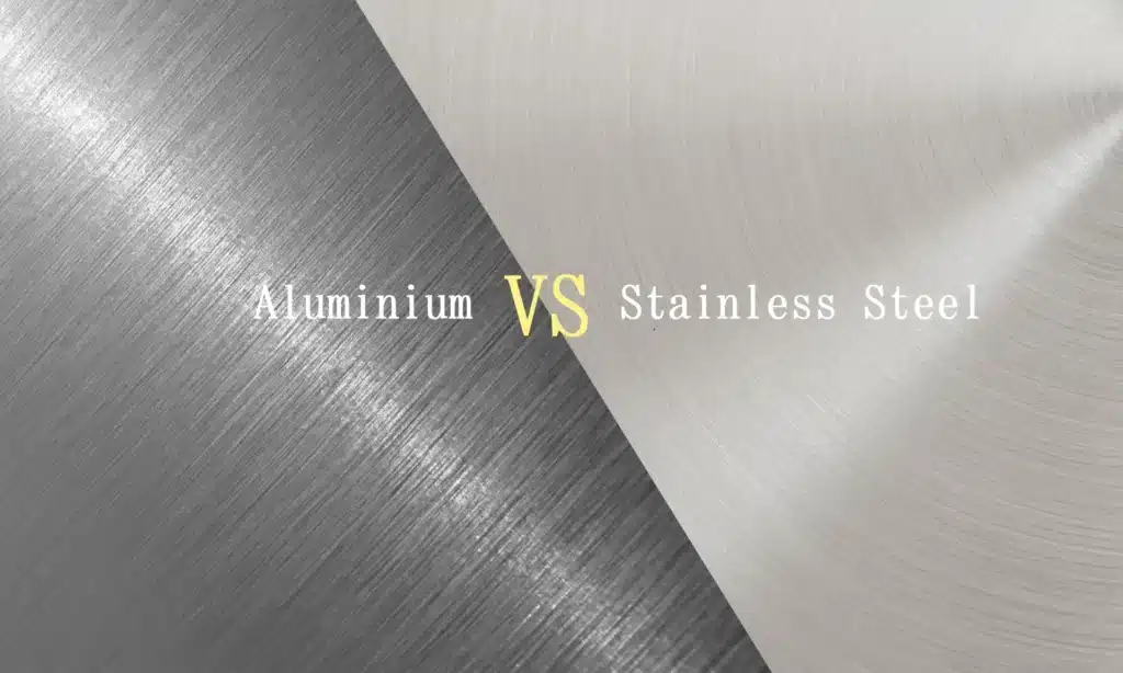 Aluminum vs Stainless Steel — Finish & Texture Comparison Diagonal split background comparing brushed aluminum (linear grain) and stainless steel (circular brushed), with the text “Aluminium VS Stainless Steel” centered.