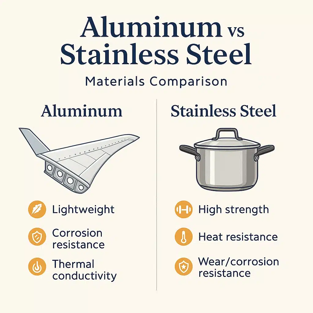Square blog cover comparing aluminum vs stainless steel: left shows an aircraft-wing icon with bullets “Lightweight • Corrosion resistance • Thermal conductivity”; right shows a stainless pot with bullets “High strength • Heat resistance • Wear/corrosion resistance.” Serif headings on a clean blue-gray palette with soft orange accents.