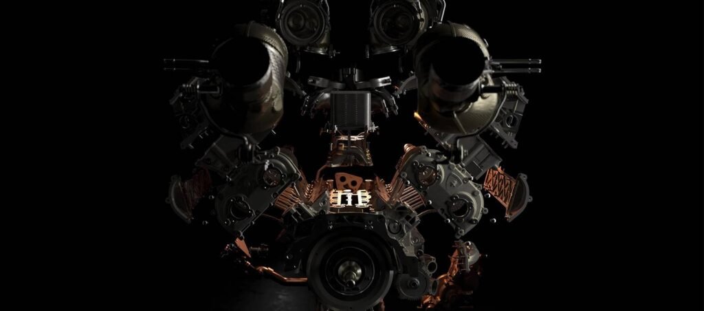 Exploded view of the Lamborghini TEMERARIO engine on a black background, showing symmetrically arranged components with illuminated cast-aluminum housings, covers, and structural parts.