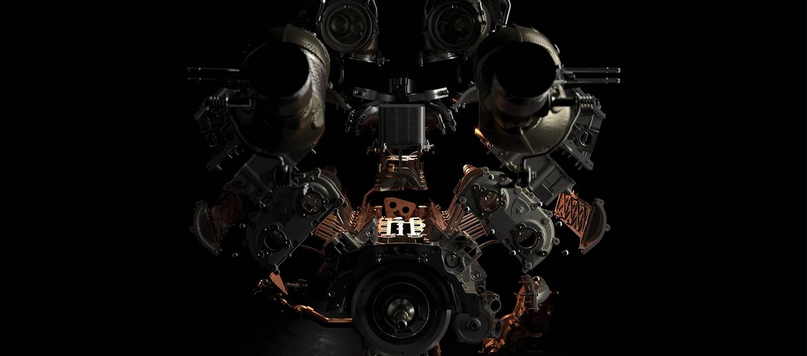Exploded view of the Lamborghini TEMERARIO engine on a black background, showing symmetrically arranged components with illuminated cast-aluminum housings, covers, and structural parts.