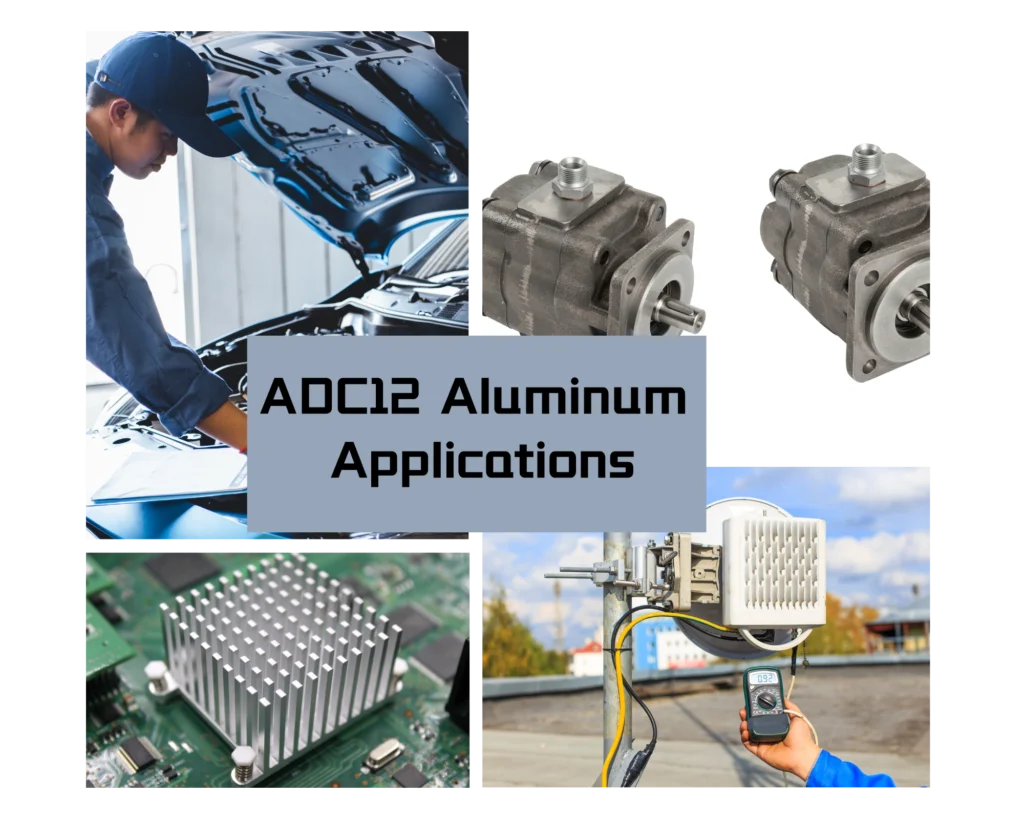 Square photo collage showing ADC12 aluminum alloy applications: automotive parts (gearbox housings/brackets), telecom equipment enclosures, heat-sink assemblies, and shaft-related components (end caps/bearing housings).