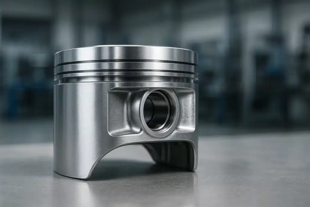 Studio-lit macro of a B390 aluminum die-cast piston with polished surface and wrist-pin bore, against a blurred workshop background.