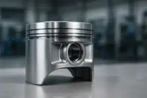 Studio-lit macro of a B390 aluminum die-cast piston with polished surface and wrist-pin bore, against a blurred workshop background.