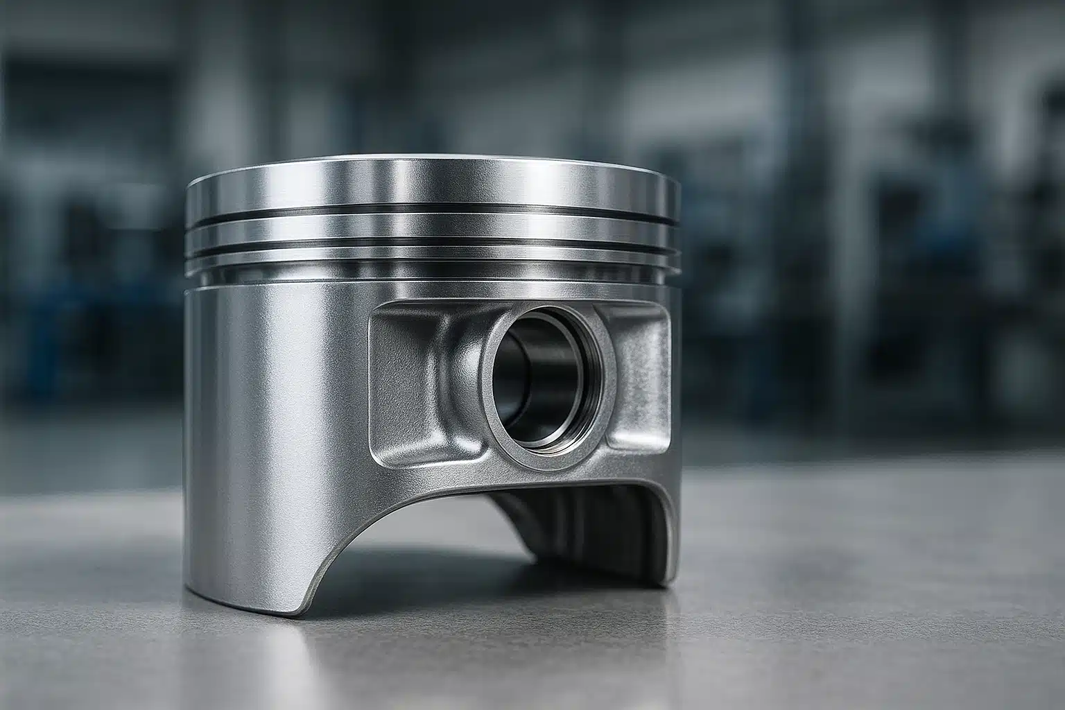 Studio-lit macro of a B390 aluminum die-cast piston with polished surface and wrist-pin bore, against a blurred workshop background.