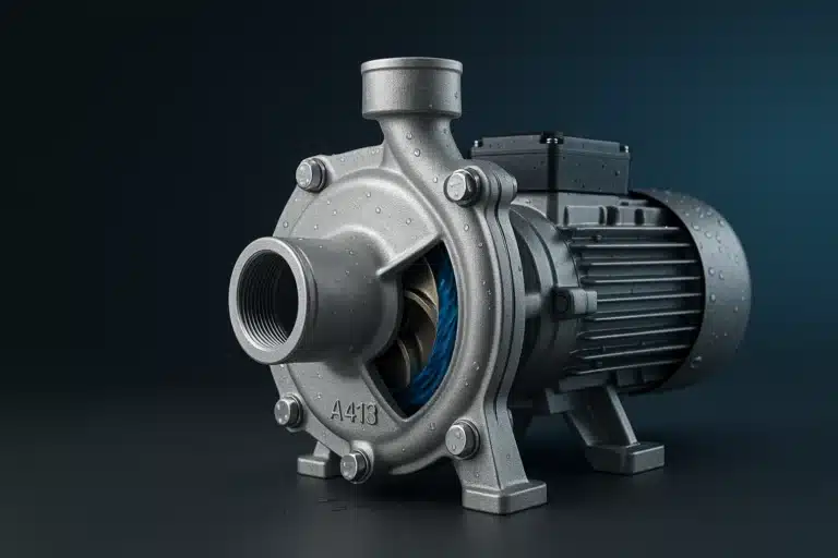 Centrifugal water pump with an A413 aluminum die-cast housing, water droplets on the volute, and a bronze impeller partially visible.