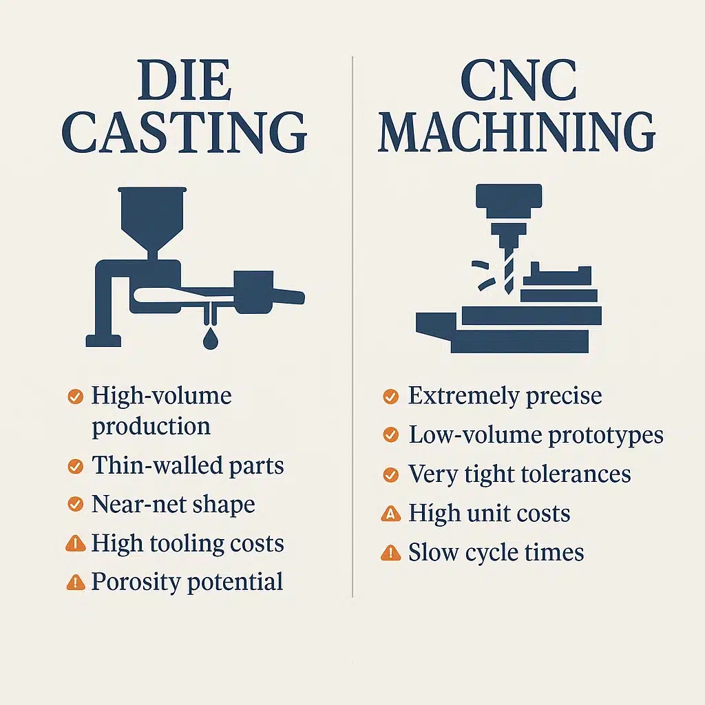 Square side-by-side infographic titled “Die-Casting vs. CNC Machining.” Left panel shows a die-casting injector icon with bullets: high-volume production, thin-walled parts, near-net shape, high tooling costs, porosity potential. Right panel shows a CNC mill icon with bullets: extremely precise, low-volume prototypes, very tight tolerances, high unit costs, slow cycle times.