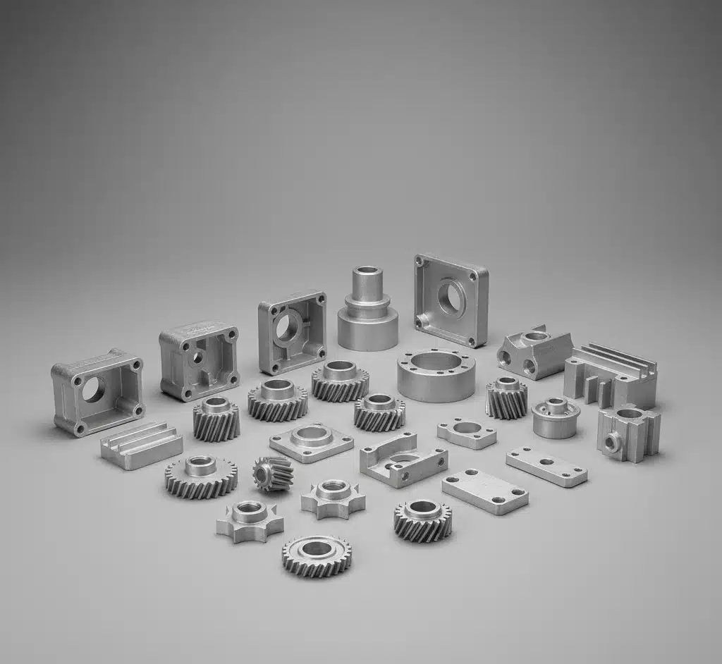 Assorted zinc die-cast parts made from Zamak alloy 3 and Zamak 5—housings, gears, brackets, and plates—arranged on a neutral gray background in a catalog-style shot showing fine casting texture and machined features.