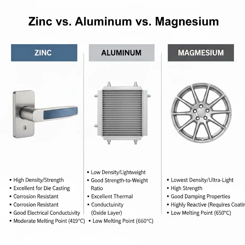 Zinc Die Casting Zamak Alloy: Why It Wins 1 Side-by-side infographic titled “Zinc vs. Aluminum vs. Magnesium,” showing a zinc door handle, an aluminum heat sink/radiator, and a magnesium wheel, with bullet points comparing density/strength, die-casting suitability, corrosion/oxidation, conductivity, reactivity, and melting points.