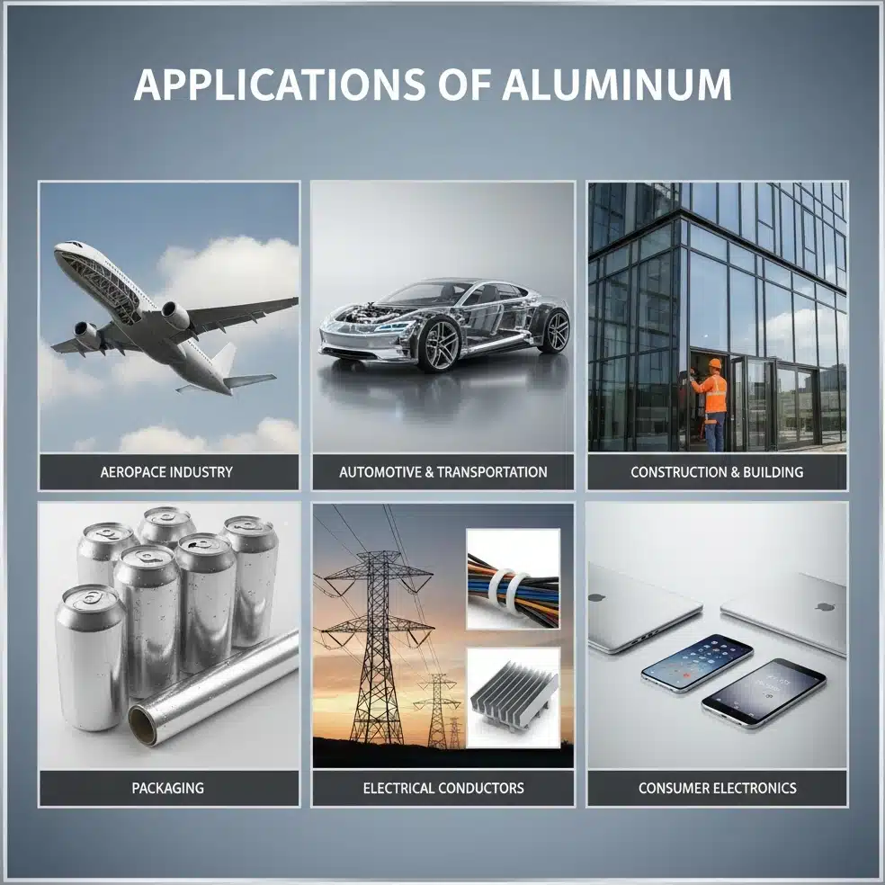 Steel vs Aluminum: Which Material Is Best for Your Project? 1 Applications of aluminum shown in six panels—aircraft (aerospace), lightweight car chassis (automotive & transportation), glass building façade (construction), beverage cans & foil (packaging), power lines/cables with heat sink (electrical conductors), and laptops & smartphones (consumer electronics).