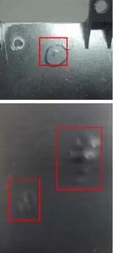 Aluminum HPDC defect—surface blisters (gas bubbles) highlighted by red boxes.