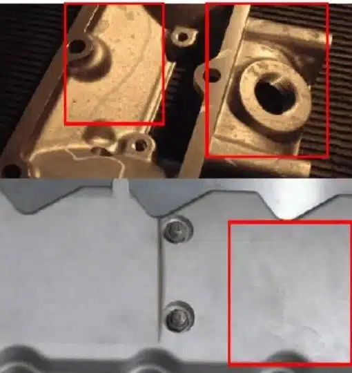 Aluminum die casting discoloration—stain/spot patches highlighted on ADC12 housing.