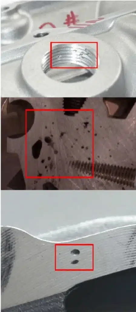 Aluminum Die Casting Defects: Top 8 Internal Problems and Fixes 1 Aluminum die casting gas porosity exposed in tapped hole and machined surfaces (HPDC)