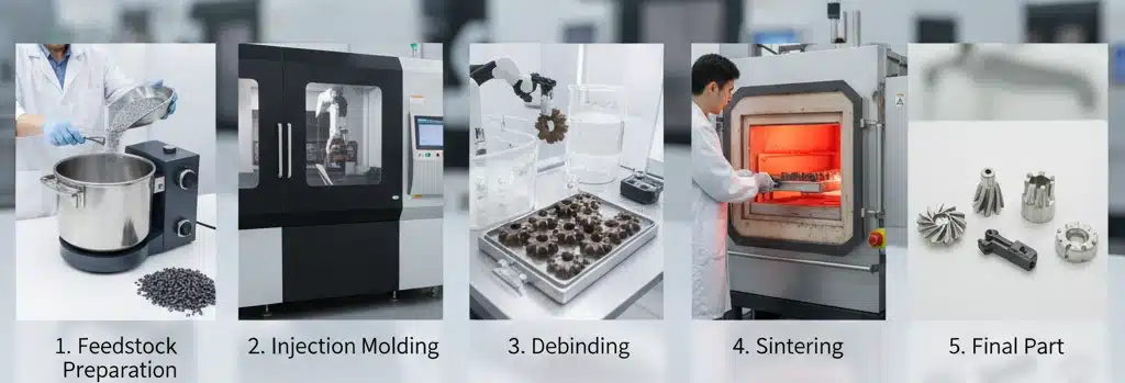 Five-step Metal Injection Molding (MIM) process: feedstock preparation, injection molding, debinding, sintering, and finished metal parts.