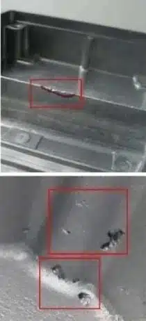 Aluminum HPDC defect—misrun/short fill (incomplete cavity fill) highlighted by red boxes.