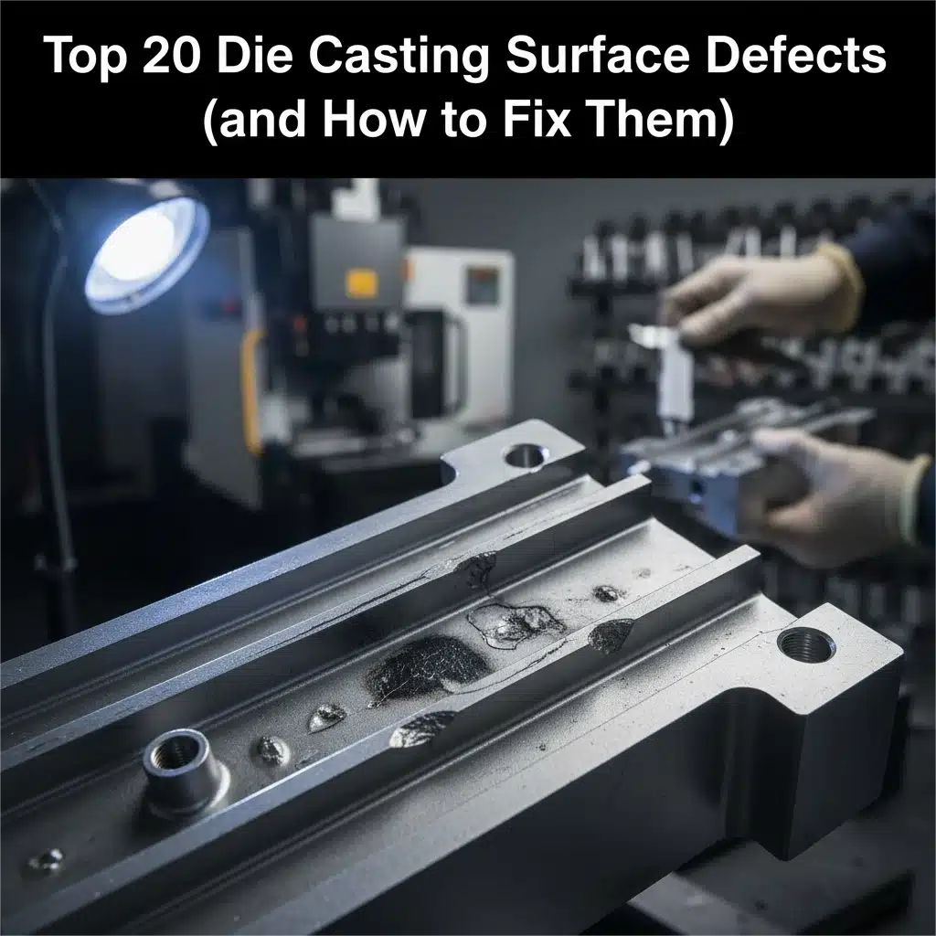 Top 20 die casting surface defects and fixes—close-up of an aluminum die-cast part with visible pits/porosity during shop-floor inspection.