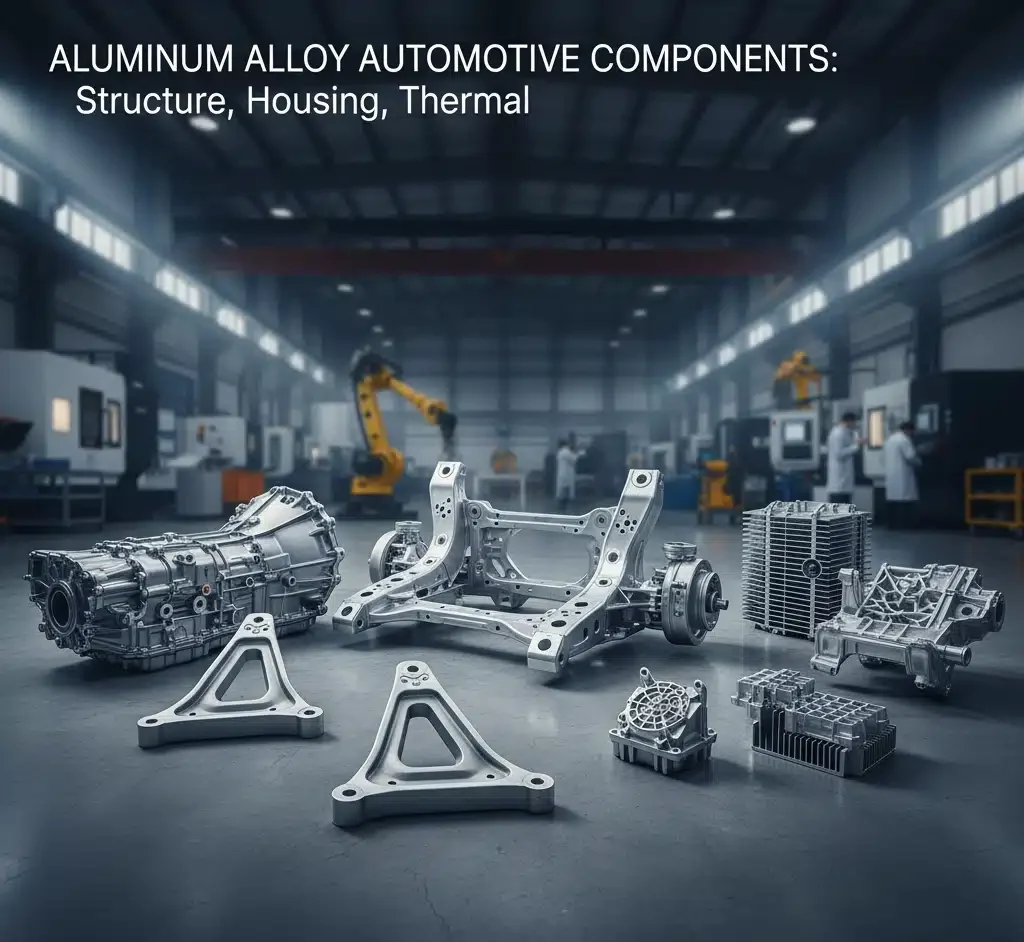 Why Most Car Pillars Use Steel (Not Aluminum): Engineering & Safety Trade-offs 3 Aluminum alloy automotive components in a factory: subframe, transmission/gearbox housing, motor/inverter casing, heat-sink stacks, and triangular brackets, showcasing structure, housing, and thermal parts.
