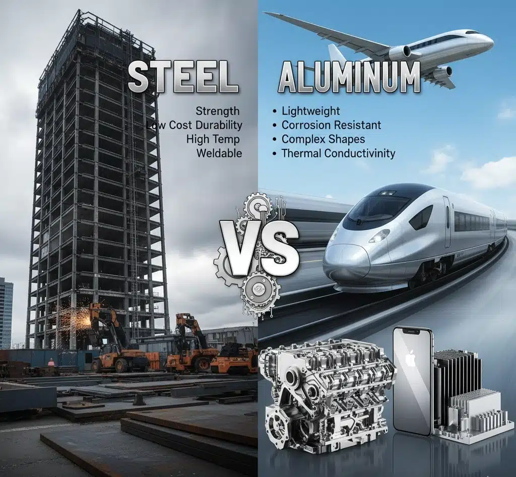 Steel vs Aluminum comparison—steel high-rise construction on left; aluminum aircraft, high-speed train, engine, smartphone, and heatsink on right; key pros highlighted.